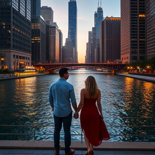 A couple holding hands while walking along the Chicago River, illustrating the strength of a romantic connection.