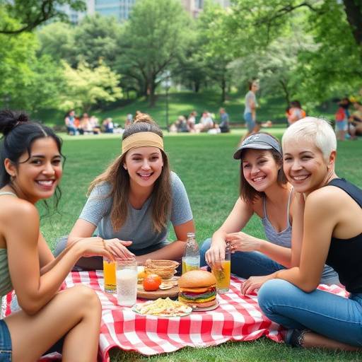 A group of diverse friends enjoying a picnic in Grant Park, Chicago, signifying the richness of friendships.