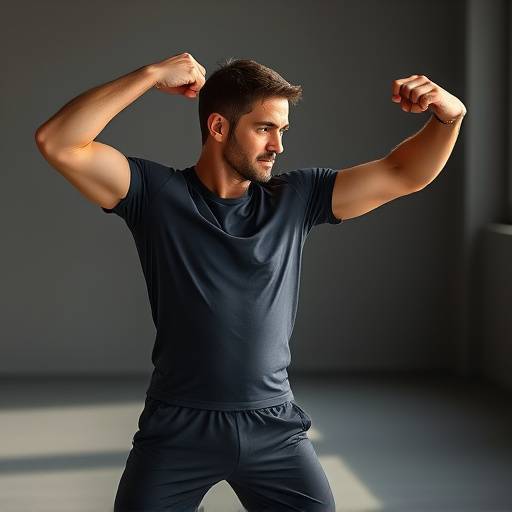 A man performing arm circles as part of a dynamic stretching routine.