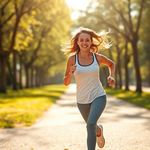 A woman running in a park, smiling and looking energized.